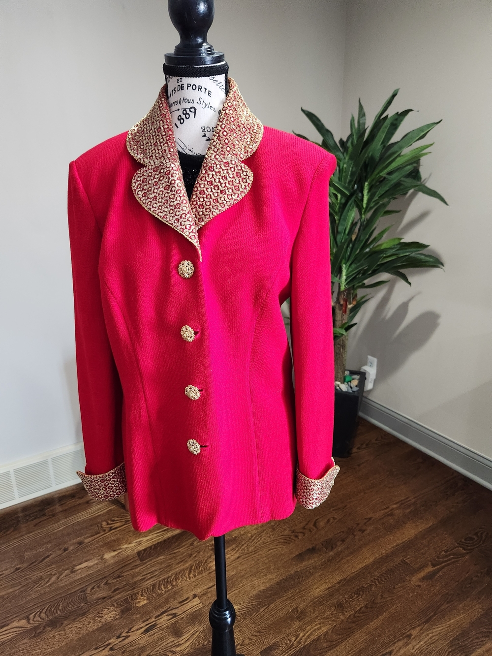 St. John Evening By Marie Gray Blazer with Gold-Trim Rhinestones On Collar/cuff